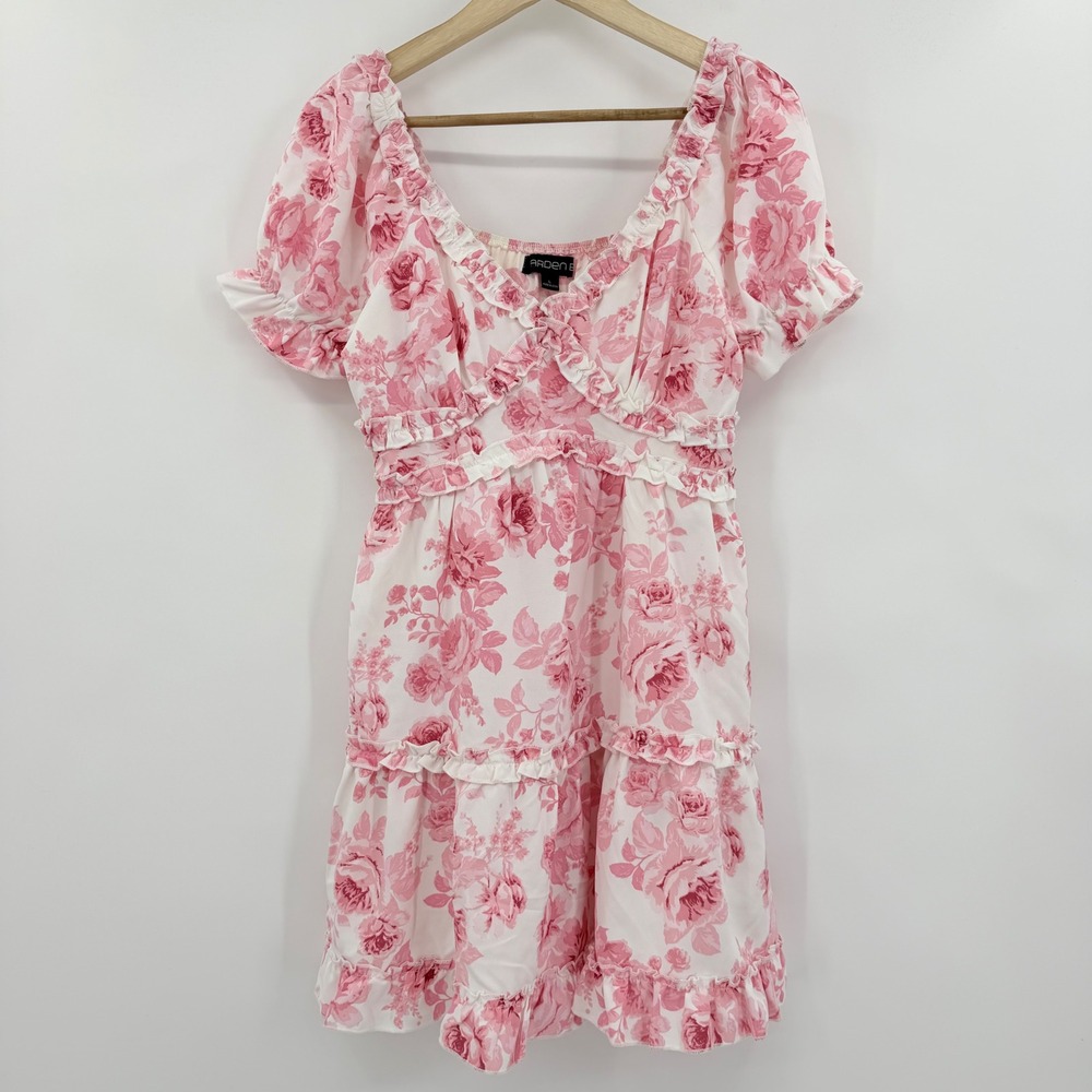Arden B Floral Mini Dress Womens Large Pink White Ruffle Puff Sleeve Cottagecore